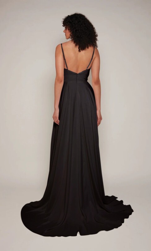 Schwarzes Chiffon-Abendkleid mit Trägern, tiefem Ausschnitt vorne und langem Schnitt - 2