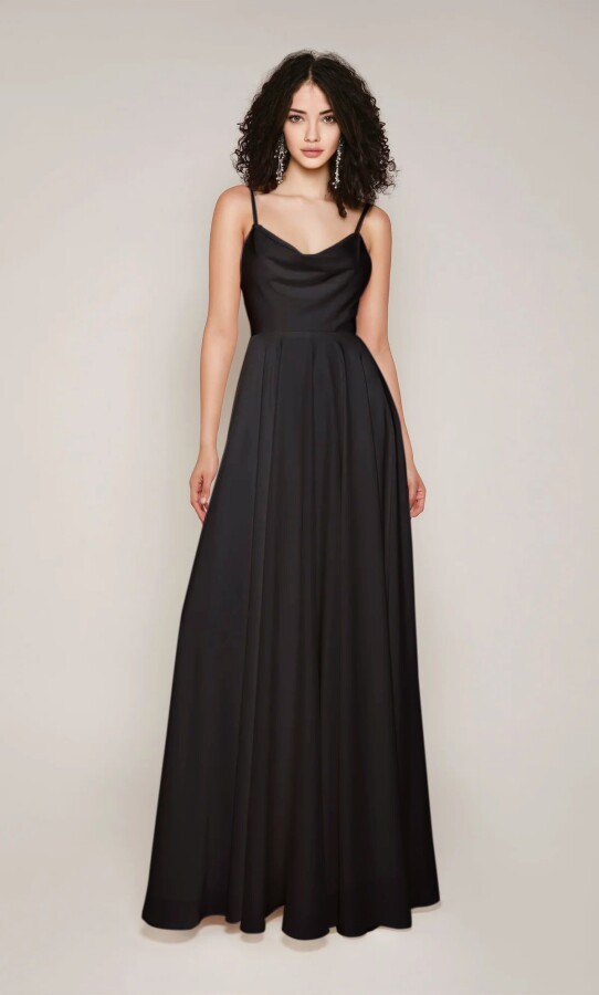 Schwarzes Chiffon-Abendkleid mit Trägern, tiefem Ausschnitt vorne und langem Schnitt - 1