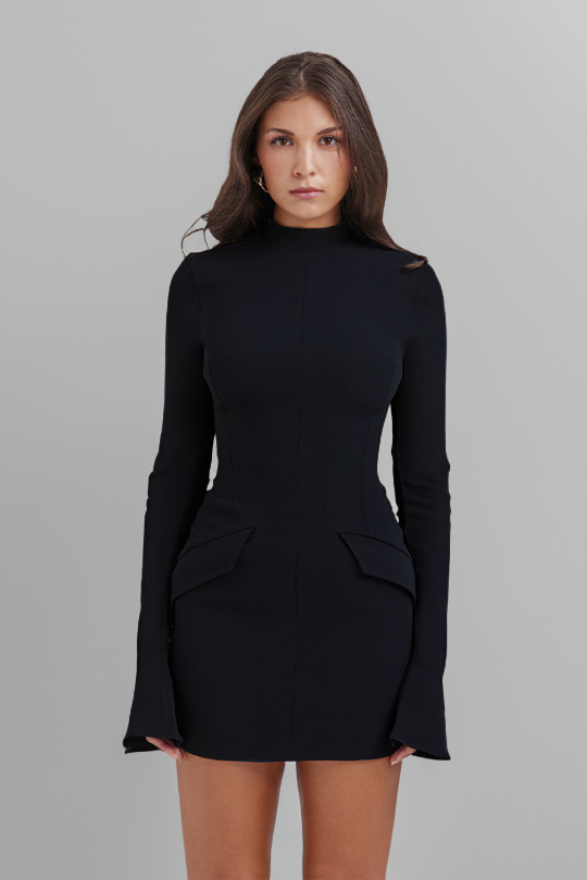 Schwarzes Hürrem-Kleid, langärmelig mit Taschendetails - 2