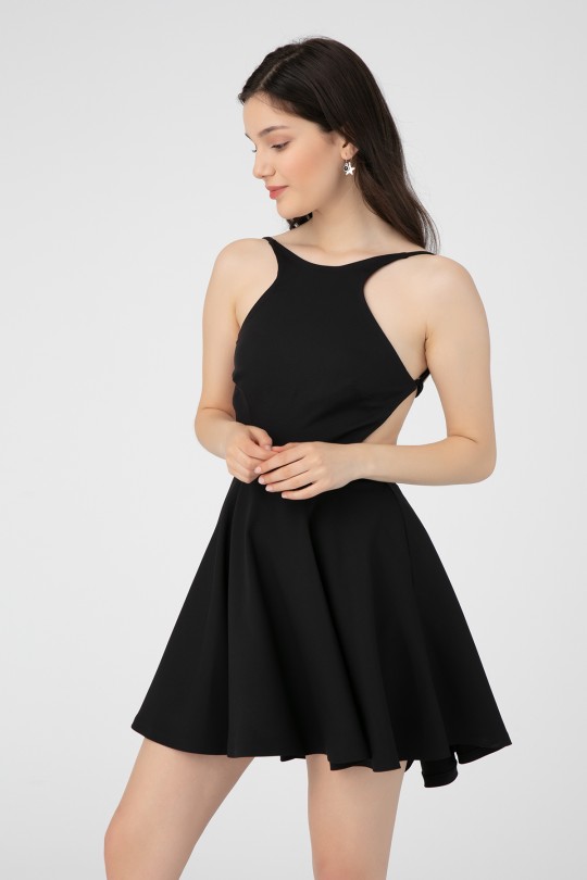 Schwarzes Kleid mit Halterneck und Rückenausschnitt - 2