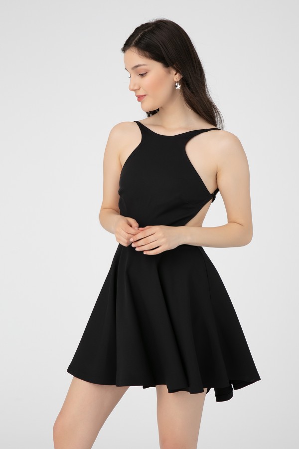 Schwarzes Kleid mit Halterneck und Rückenausschnitt - 2