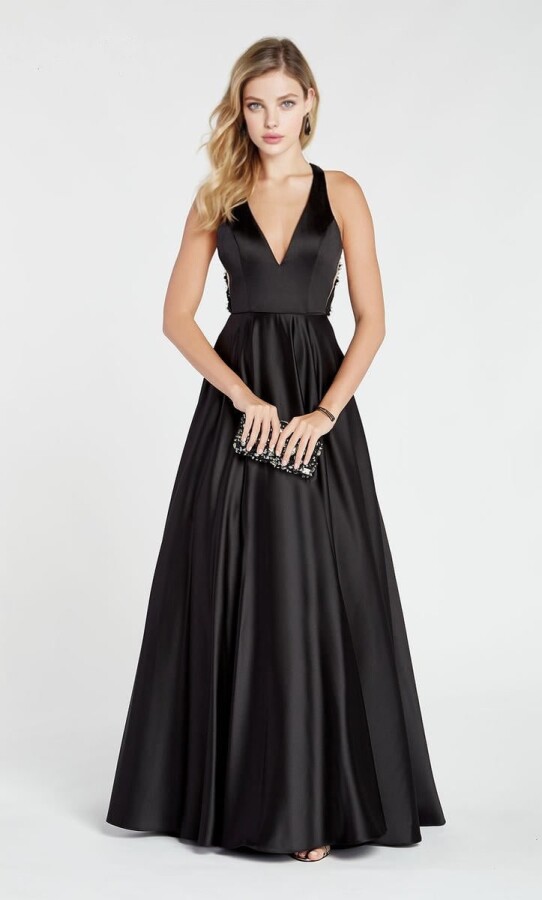 Schwarzes langes Satin-Abendkleid mit Spitze - 1