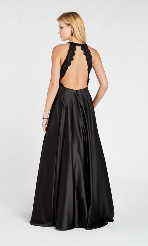 Schwarzes langes Satin-Abendkleid mit Spitze - 2