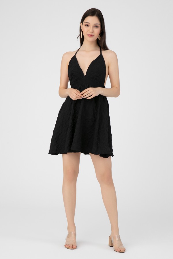 Schwarzes Neckholder-Kleid mit Rückenausschnitt - 2