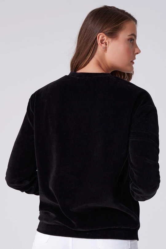 Schwarzes Samt Sweatshirt mit Rundhalsausschnitt und langen Ärmeln - 3