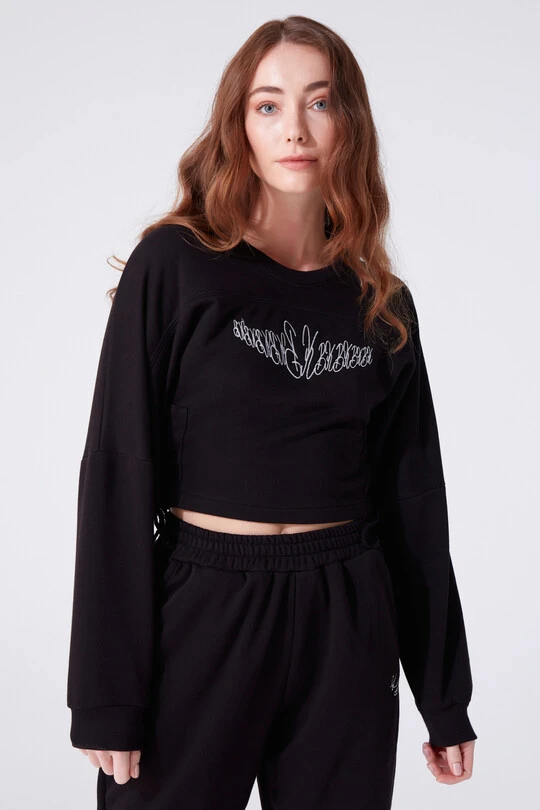 Schwarzes Sweatshirt mit Rundhalsausschnitt, langen Ärmeln und seitlicher Schleife 