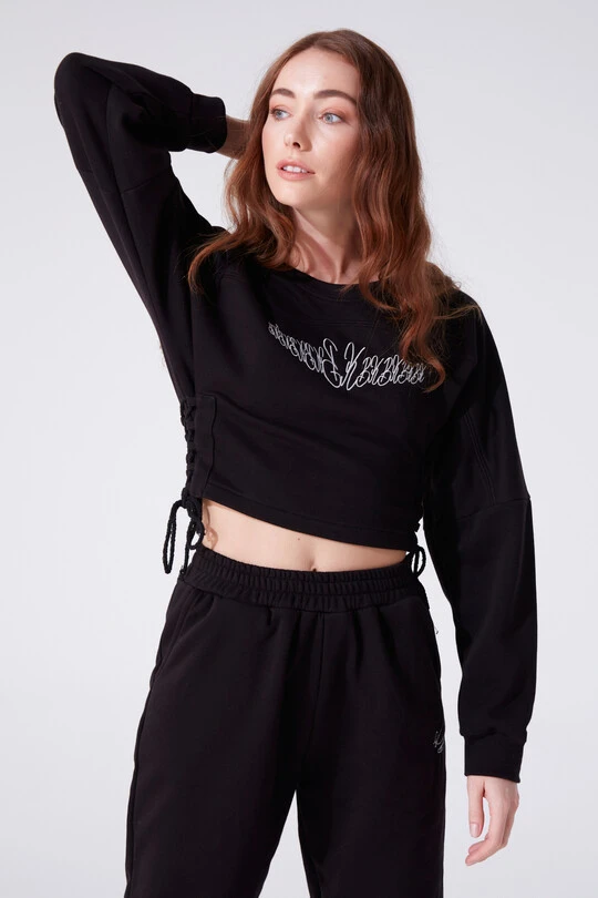 Schwarzes Sweatshirt mit Rundhalsausschnitt, langen Ärmeln und seitlicher Schleife - 2