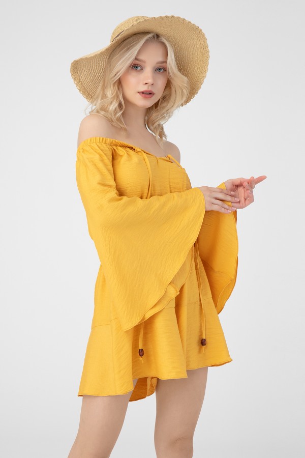 Senf-farbener, Brust mit Bindeband und elastischem Bund Jumpsuit - 1