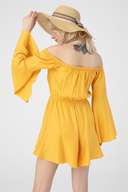 Senf-farbener, Brust mit Bindeband und elastischem Bund Jumpsuit - 2