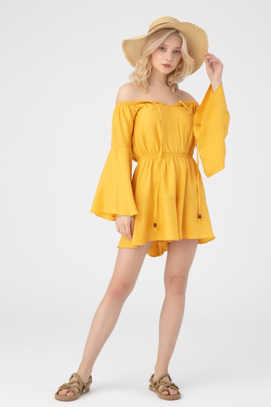 Senf-farbener, Brust mit Bindeband und elastischem Bund Jumpsuit - 3