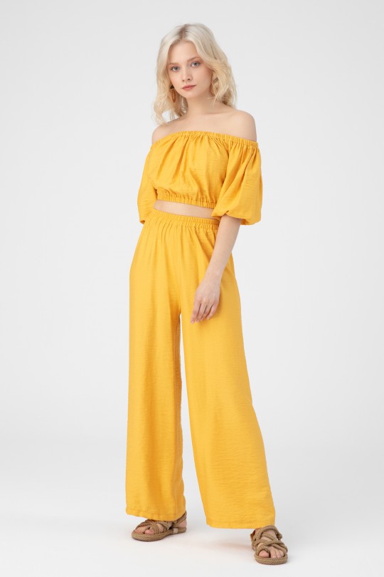 Senffarbene Bluse mit elastischen Schultern - 3