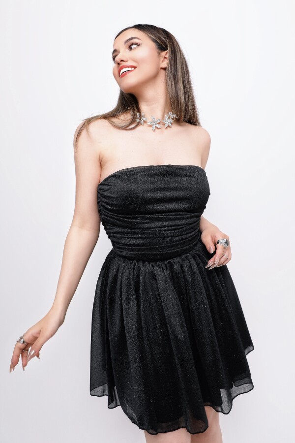 SİYAH STRAPLEZ BELİ KUŞAKLI SİMLİ MİNİ ELBİSE - 6