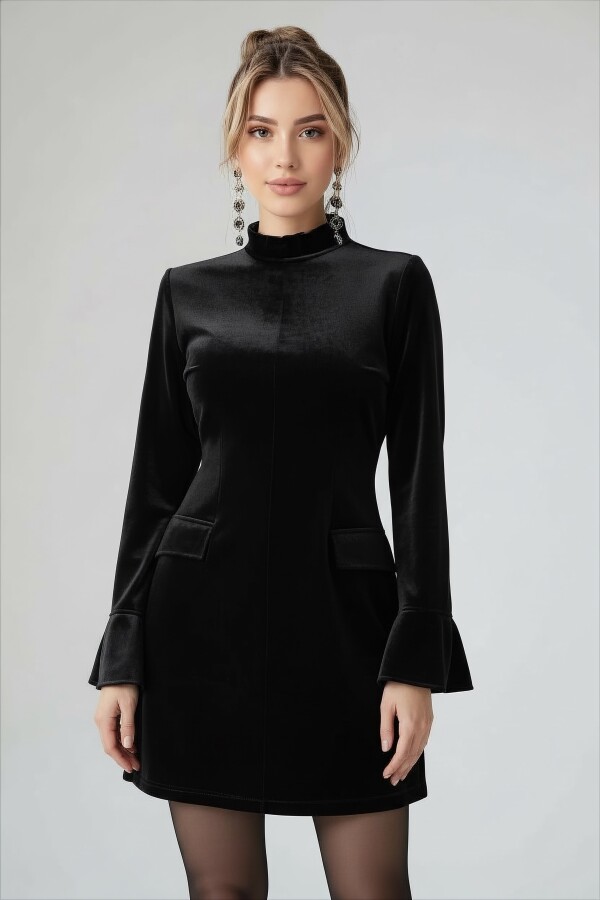 SİYAH UZUN KOLLU CEP DETAYLI KADİFE ELBİSE - 3