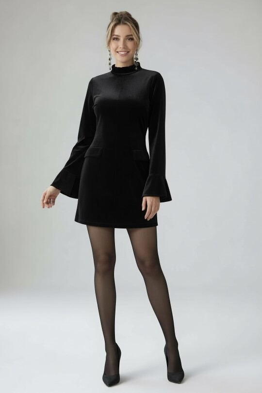 SİYAH UZUN KOLLU CEP DETAYLI KADİFE ELBİSE - 5