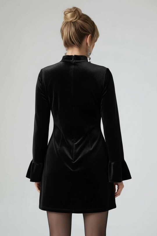 SİYAH UZUN KOLLU CEP DETAYLI KADİFE ELBİSE - 6