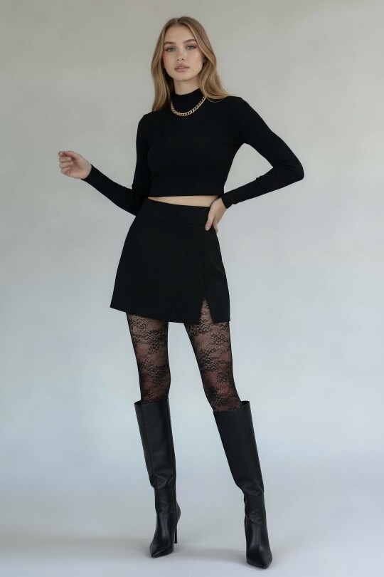 SİYAH YIRTMAÇLI MİNİ ETEK - 2