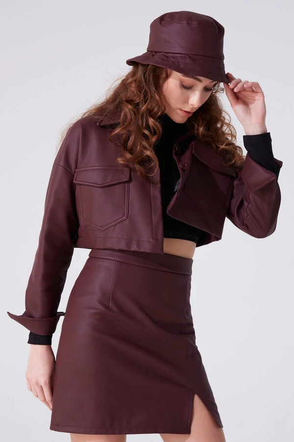 SLEEVE LEATHER MINI SKIRT BURGUNDY - 2