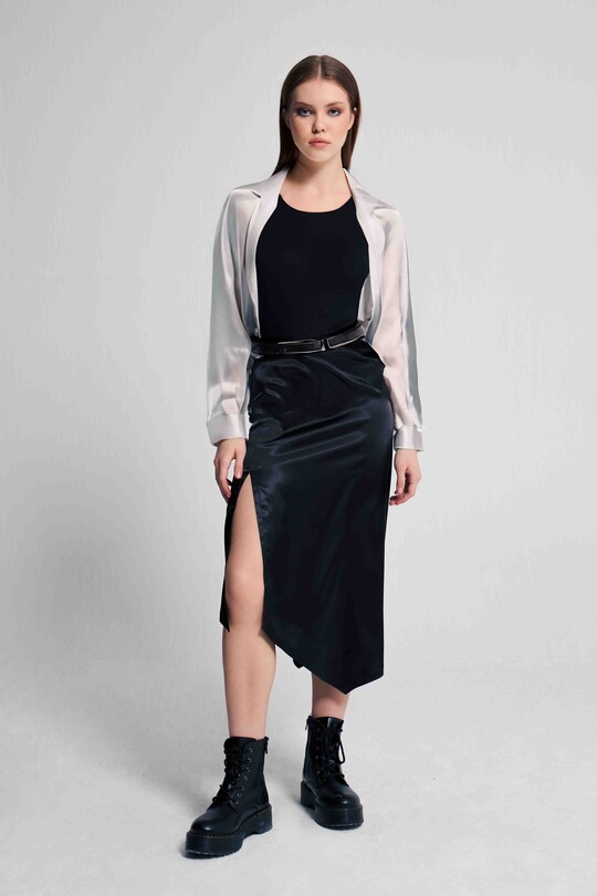 SLEEVE SATIN SKIRT BLACK - 1