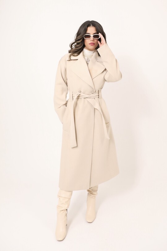 STONE DOUBLE-BREASTED COAT WITH DECORATIVE BUTTONS - 2