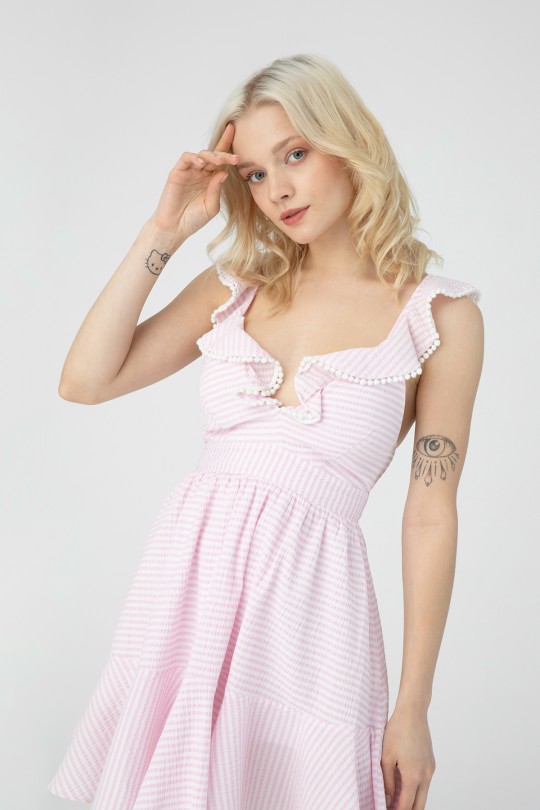 STRIPED DRESS WITH FRONT FLORAL LINING - Thumbnail