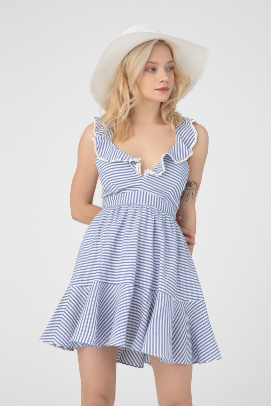 STRIPED DRESS WITH FRONT FLORAL LINING - Thumbnail