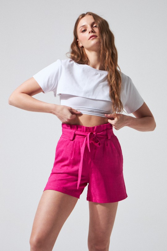 STRIPED WAIST LINEN SHORTS FUCHIA 