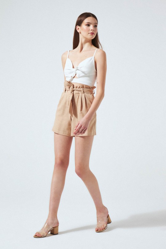 STRIPED WAIST LINEN SHORTS MINK 