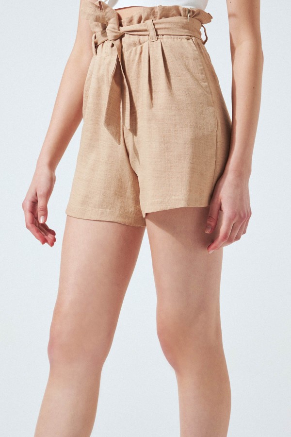 STRIPED WAIST LINEN SHORTS MINK - 2