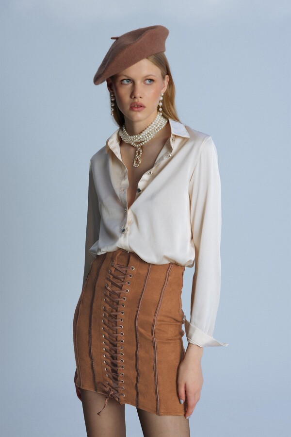 TABA FRONT BIRD EYE SUEDE CORSET MINI SKIRT - 2