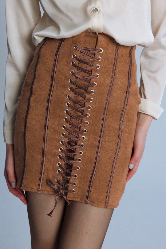 TABA FRONT BIRD EYE SUEDE CORSET MINI SKIRT - 4