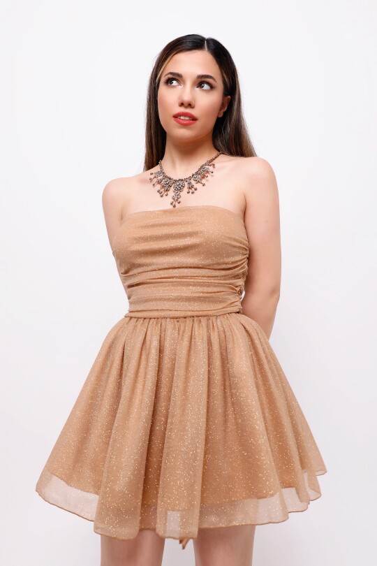 TAUPE STRAPLESS GLITTER MINI DRESS WITH WAIST TIE - 2