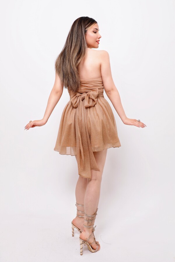 TAUPE STRAPLESS GLITTER MINI DRESS WITH WAIST TIE - 3