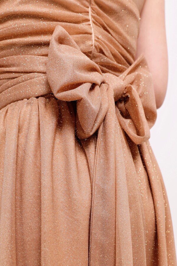 TAUPE STRAPLESS GLITTER MINI DRESS WITH WAIST TIE - 5