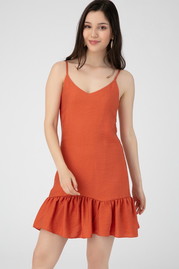 Terrakottafarbene, mit Rüschen besetzilmiş, trägerlos, lässige, kurze Elbise - 1