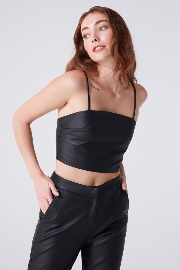BLACK THIN STRAP LEATHER BUSTIER - BERFUĞ KIRAN