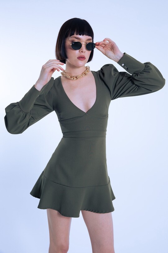 KHAKI FLORAL V-NECK BALLOON SLEEVE SHORT DRESS 