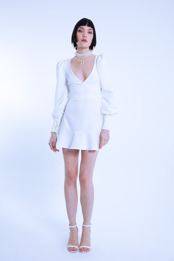 WHITE V-NECK BALLOON SLEEVE SHORT DRESS - 2