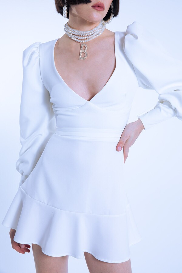  WHITE V-NECK BALLOON SLEEVE SHORT DRESS - 3