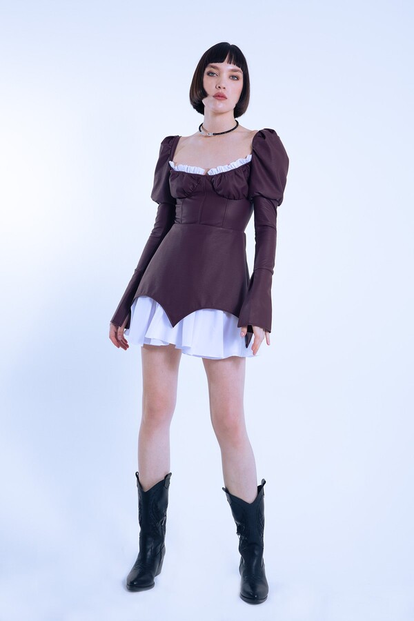 LEATHER SHORT DRESS WITH BALLOON SLEEVES - 1