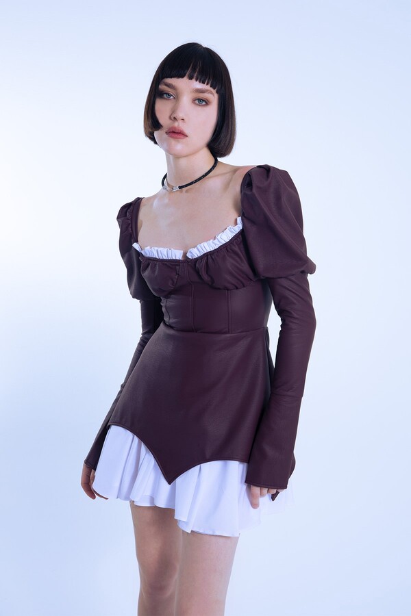 LEATHER SHORT DRESS WITH BALLOON SLEEVES - 2