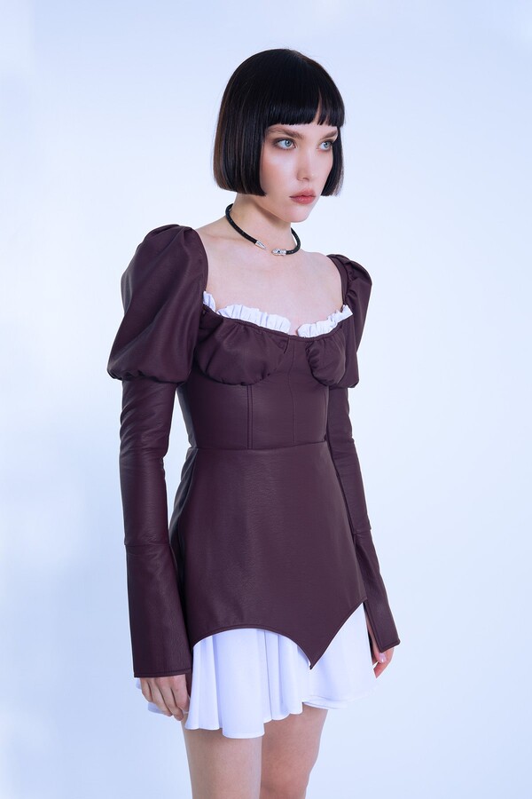 LEATHER SHORT DRESS WITH BALLOON SLEEVES - 3