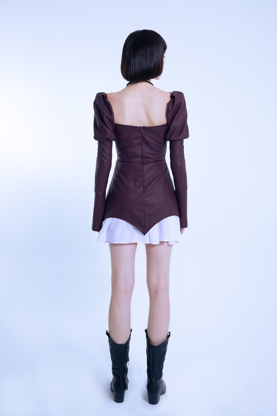 LEATHER SHORT DRESS WITH BALLOON SLEEVES - 4