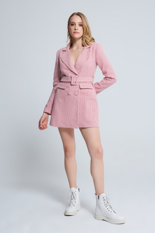 TUVITED DRESS WITH PADDED SHOULDER AND BELTED WAIST PINK/WHITE - Thumbnail