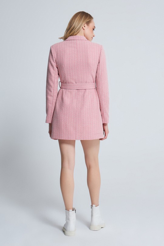 TUVITED DRESS WITH PADDED SHOULDER AND BELTED WAIST PINK/WHITE - Thumbnail