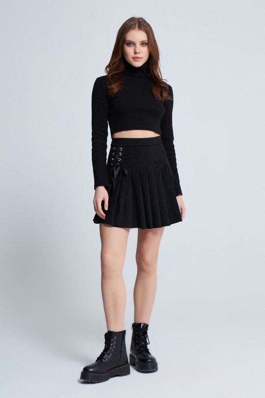 VELVET PLEATED ROPE DETAILED MINI SKIRT BLACK 