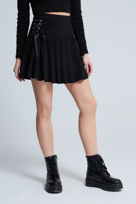 VELVET PLEATED ROPE DETAILED MINI SKIRT BLACK - 2