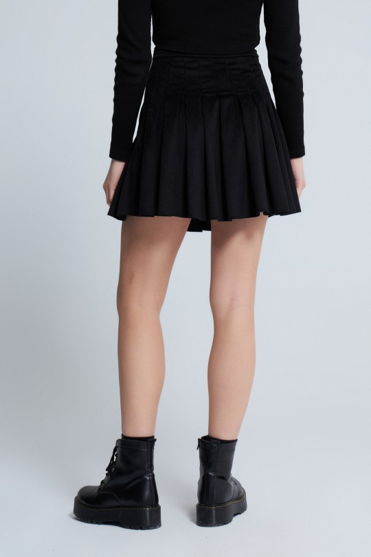 VELVET PLEATED ROPE DETAILED MINI SKIRT BLACK - 3