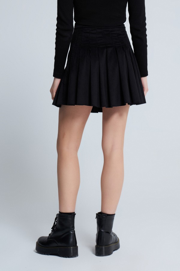 VELVET PLEATED ROPE DETAILED MINI SKIRT BLACK - 3