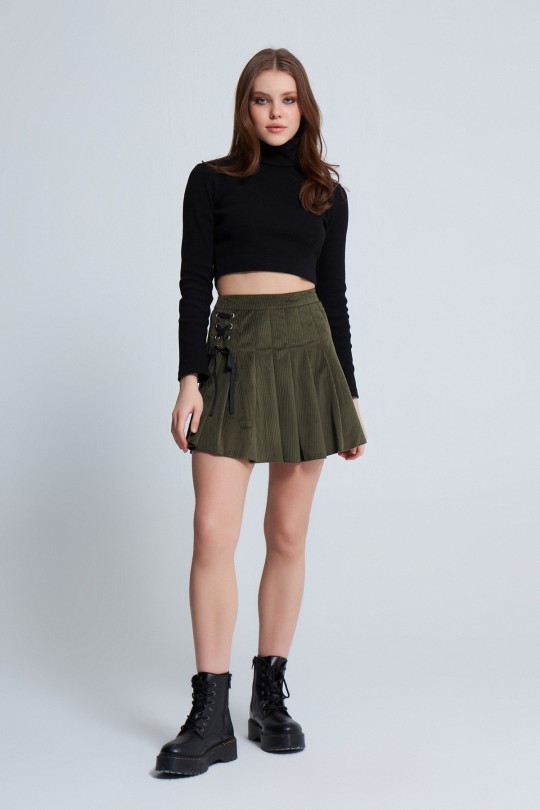 VELVET PLEATED ROPE DETAILED MINI SKIRT HAJKİ - 1