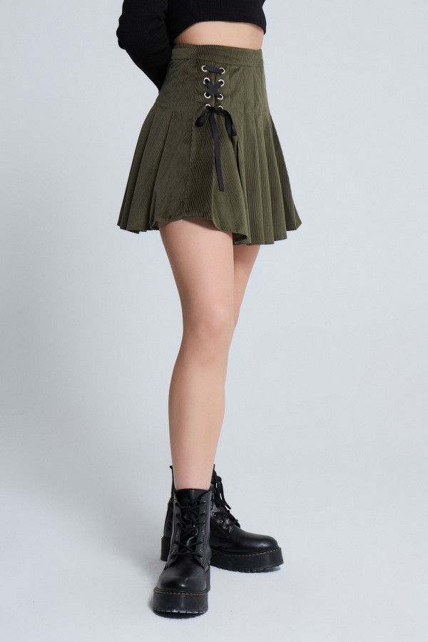 VELVET PLEATED ROPE DETAILED MINI SKIRT HAJKİ - 2